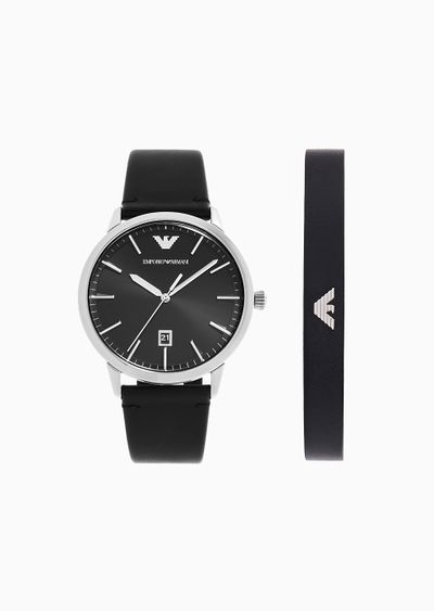 Three-Hand Date Black Leather Watch and Bracelet Set - F