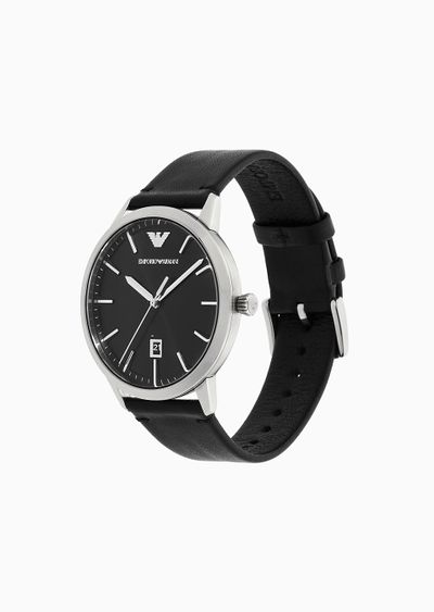 Three-Hand Date Black Leather Watch and Bracelet Set - D