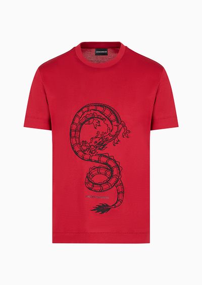 Armani Sustainability Values Lyocell-blend jersey T-shirt with dragon embroidery - F