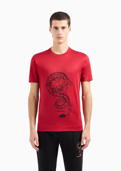 Armani Sustainability Values Lyocell-blend jersey T-shirt with dragon embroidery - D