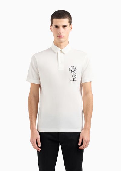 Armani Sustainability Values Lyocell-blend jersey polo shirt with dragon embroidery - D