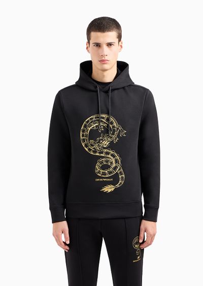 Double-jersey hooded sweatshirt with dragon embroidery - D