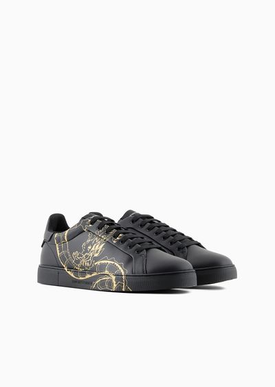 dragon-print leather sneakers - D