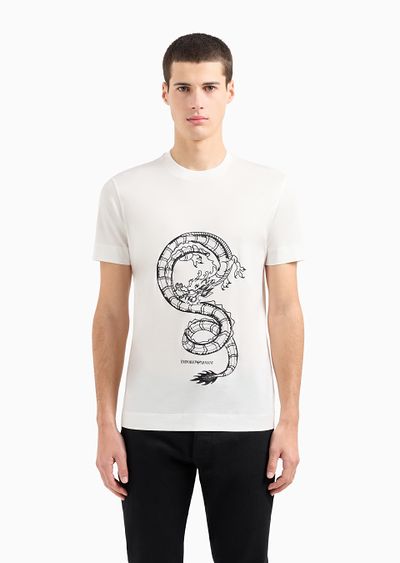 Armani Sustainability Values Lyocell-blend jersey T-shirt with dragon embroidery - D