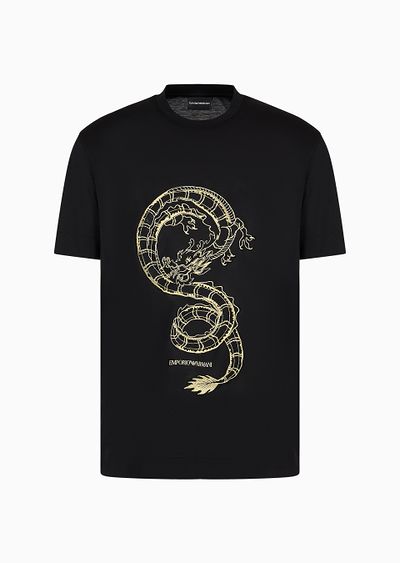 Armani Sustainability Values Lyocell-blend jersey T-shirt with dragon embroidery - F