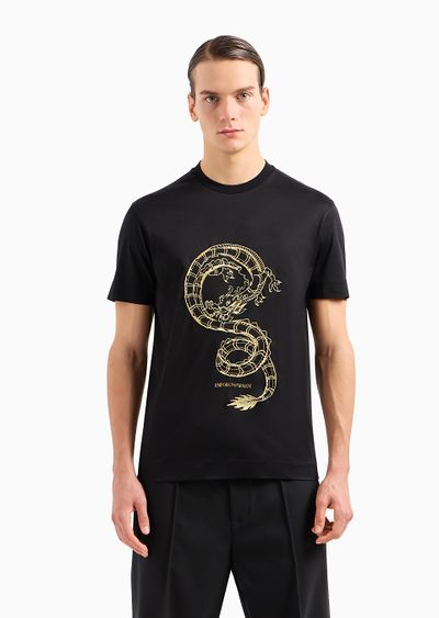 Armani Sustainability Values Lyocell-blend jersey T-shirt with dragon embroidery - D