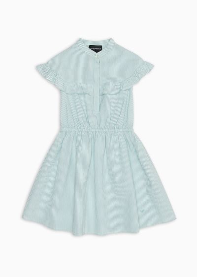 Striped seersucker dress with mandarin collar and ruffles - F