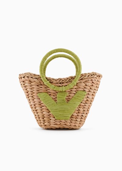 Mini woven straw shopper bag with oversized eagle - F