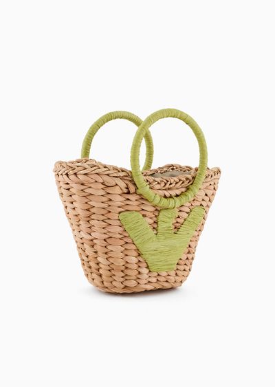 Mini woven straw shopper bag with oversized eagle - D