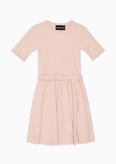 Short-sleeved knit dress with ribbed insert and belt - F