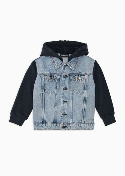 Hooded denim jacket with jersey sleeves - F