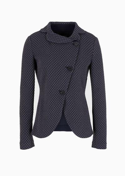 Jacket with off-centre buttoning in knit-look jacquard jersey - F