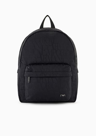 Nylon backpack with all-over, jacquard logo lettering - F