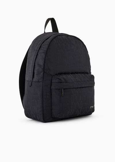 Nylon backpack with all-over, jacquard logo lettering - D