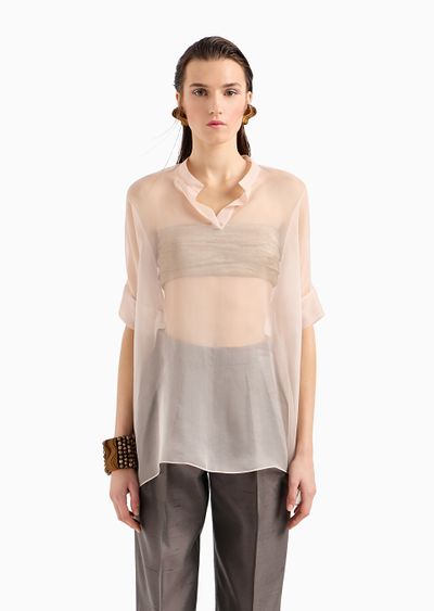 Short-sleeved long shirt in silk organza - D