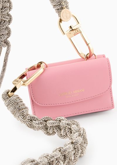 La Prima leather mini trifold wallet with rhinestone shoulder strap - D