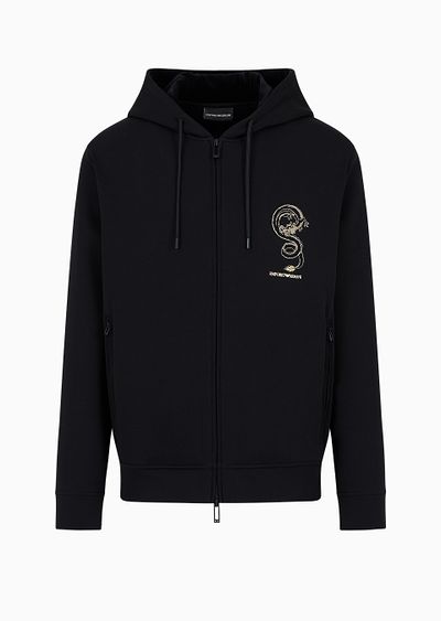 Double-jersey hooded sweatshirt with dragon embroidery - F