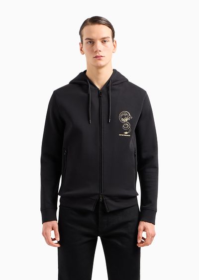 Double-jersey hooded sweatshirt with dragon embroidery - D