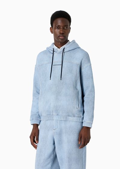 Hooded sweatshirt in denim-look printed jersey - D