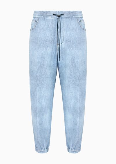 Denim-effect printed jersey drawstring trousers with elasticated cuffs - F