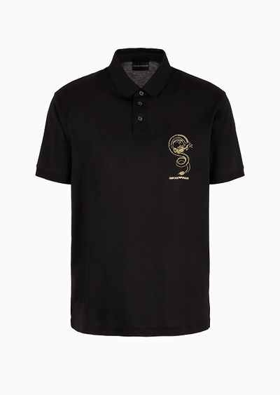 Armani Sustainability Values Lyocell-blend jersey polo shirt with dragon embroidery - F