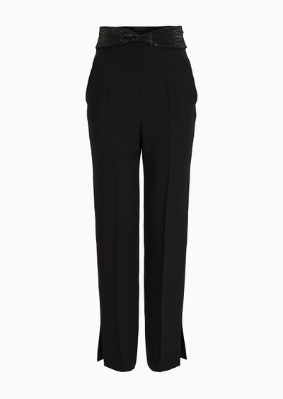 Straight trousers in silk cady with rhinestone details - F