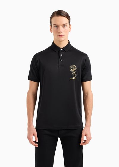 Armani Sustainability Values Lyocell-blend jersey polo shirt with dragon embroidery - D